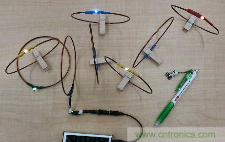 用來驗證“直流共振方式”的試制系統(tǒng)。在線圈間傳輸電力,點亮LED