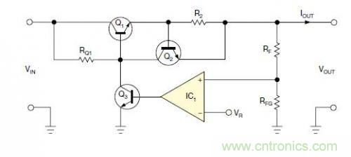 圖1：一個標準的線性穩壓器直接將反饋連接到串聯導通晶體管上。