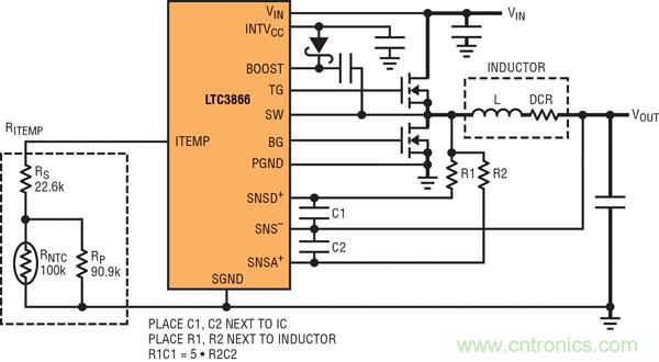 圖 1：具超低電感器 DCR 的 LTC3866 電流采樣電路。大電流通路用粗線顯示