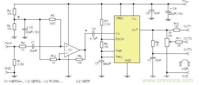 含運(yùn)算放大器和NE555定時(shí)器的耳機(jī)和音頻線路驅(qū)動(dòng)器。也可以使用CMOS版本(如LMC555)，但輸出電流較低。其優(yōu)點(diǎn)為工作頻率較高。