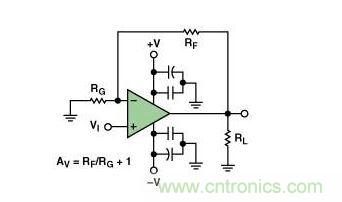 典型的運算放大器電路,(a)原設計圖,(b)考慮寄生效應后的圖