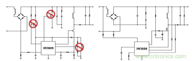 相比前代產(chǎn)品iW3609（左），iW3688（右）采用專利數(shù)字算法，完全消除了外部泄放電路、外部VCC電路和啟動電路