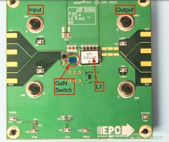 演示板用于顯示GaN的EMI。該GaN組件被圈定,我會在L1左側(cè)測量切換的波形。