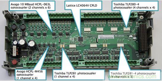 圖2：Rockwell選擇光耦作為Micro850 PLC的數字I/O電路板上的設備輸入和輸出端的核心隔離策略。