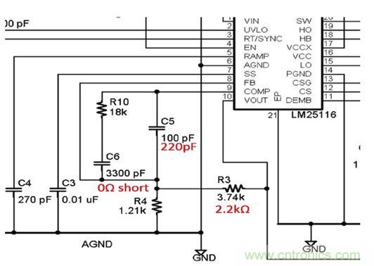 圖4:評估板部分原理圖顯示必須調整分壓器(R3和R4)將輸出電壓從5V改變到3.3V。另外還有其它多處改變。