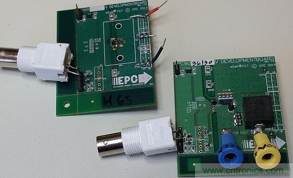 圖1:這里僅在左側(cè)的電路板上配備了半橋配置,右側(cè)的電路板配備了完整的DC-DC轉(zhuǎn)換器。香蕉插座可將測試板連接至電子負(fù)載。通過BNC連接器可連接至外部脈沖發(fā)生器。
