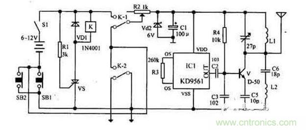 【導讀】隨著環保意識的增強,電動車已大量進入我們家庭,成為部分人必不可少的交通工具。如何防止電動車被盜則是車主十分關心的問題,為此,出現了各類電動車防盜鎖。除此之外呢?還有什么好的方法防盜呢?我們為大家介紹一款電動車防盜報警器電路圖。 各類電動車防盜鎖大量涌出,但是,電動車被盜現象仍層出不窮,較高級的電動車防盜鎖在短時間內難以破壞,盜賊便將電動車搬上其它車輛上盜走,這樣,再高級的防盜鎖也顯得無能為力了。鑒于此,我們為大家介紹一款電動車防盜報警器電路圖。 1 報警器發射機部分是由繼電器K和可控硅VS用來控制發射機電路的電源。IC1組成警聲信號電路。晶體管V及其外圍元件組成射頻振蕩電路,發射報警信號。 在等待狀態時,開關S1接通,而SB1斷開(即車頭鎖被鎖住),K就處在釋放狀態,報警發射機不工作。當車頭鎖被打開時(即SB1接通),VS被觸發導通,K吸合,接通發射機電源。SB1接通后,K-2的常開點將其自鎖,此時只有斷開S1報警方能結束。在K動作時,其常閉觸點K-l斷開,切斷發動機點火電路。 接收機電路由TDA7010和開關功放TWH8778、TWH68組成。當IC2 收到報警信號時其互腳的高電平通過IC3經IC4放大由TWH15放出報警聲。但要考慮到頻率的穩定性,因為7010自身沒有頻率穩定電路,在工作時要多作檢測,最好用印制板和貼片元件。 按上述操作方法停放車輛后,報警器即進入待報警狀態。在待報警期間,只要有人無論用什么方法打開車頭鎖或搬移車輛,都將觸發報警器報警不停,并切斷發動機電源使車輛無法起動,直至車主人趕來將點火鑰匙插入點火鎖內轉到關的位置,報警才能解除。