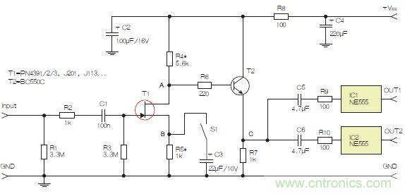 圖3：采用兩個(gè)工作在不同頻率下的555定時(shí)器電路，以獲取不同的音效。
