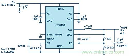 42 V、6 A(峰值7 A)、超低EMI輻射、高效率降壓型穩壓器