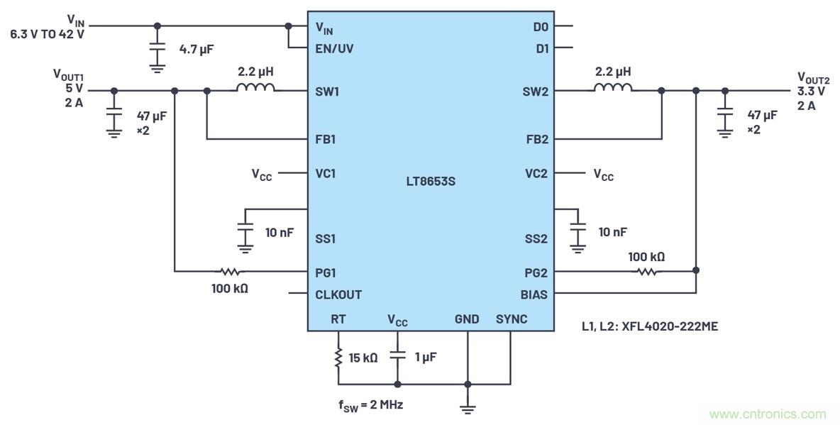 具有6.2 µA靜態電流的雙通道、42 V、2 A、單片、同步降壓型Silent Switcher 2穩壓器