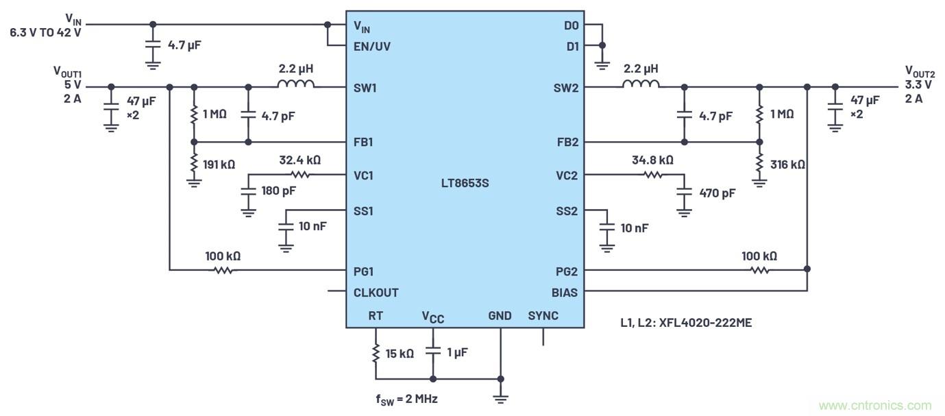 具有6.2 µA靜態電流的雙通道、42 V、2 A、單片、同步降壓型Silent Switcher 2穩壓器