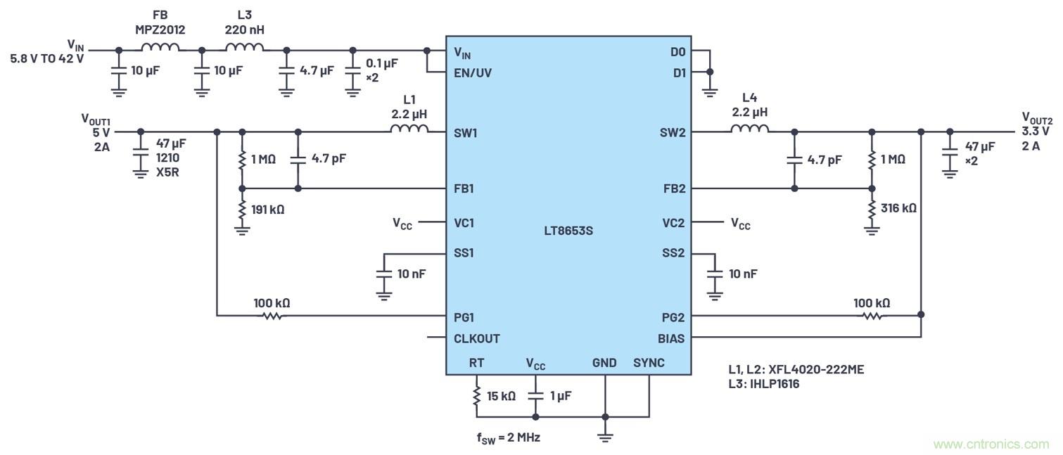具有6.2 µA靜態電流的雙通道、42 V、2 A、單片、同步降壓型Silent Switcher 2穩壓器