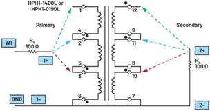   材料  ? ADALM2000主動學習模塊 ? 無焊試驗板和跳線套件 ? 一臺HPH1-1400L 6繞組變壓器 ? 一臺HPH1-0190L 6繞組變壓器 ? 兩個100 Ω電阻  說明  在無焊試驗板上構建圖2所示的電路。需要使用此設置來測量初級/次級匝數比為1:1的三種不同配置下，兩個變壓器型號各自的頻率響應。兩個紅色箭頭表示在初級和次級使用同一個線圈的配置中連接源電阻和負載電阻的位置。藍色箭頭對應的是在初級和次級使用兩個串聯線圈的配置。綠色箭頭對應的是在初級和次級使用三個串聯線圈的配置。