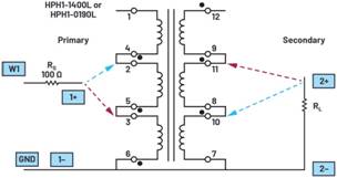   材料  ? ADALM2000主動學習模塊 ? 無焊試驗板和跳線套件 ? 一臺HPH1-1400L 6繞組變壓器 ? 一臺HPH1-0190L 6繞組變壓器 ? 兩個100 Ω電阻  說明  在無焊試驗板上構建圖2所示的電路。需要使用此設置來測量初級/次級匝數比為1:1的三種不同配置下，兩個變壓器型號各自的頻率響應。兩個紅色箭頭表示在初級和次級使用同一個線圈的配置中連接源電阻和負載電阻的位置。藍色箭頭對應的是在初級和次級使用兩個串聯線圈的配置。綠色箭頭對應的是在初級和次級使用三個串聯線圈的配置。